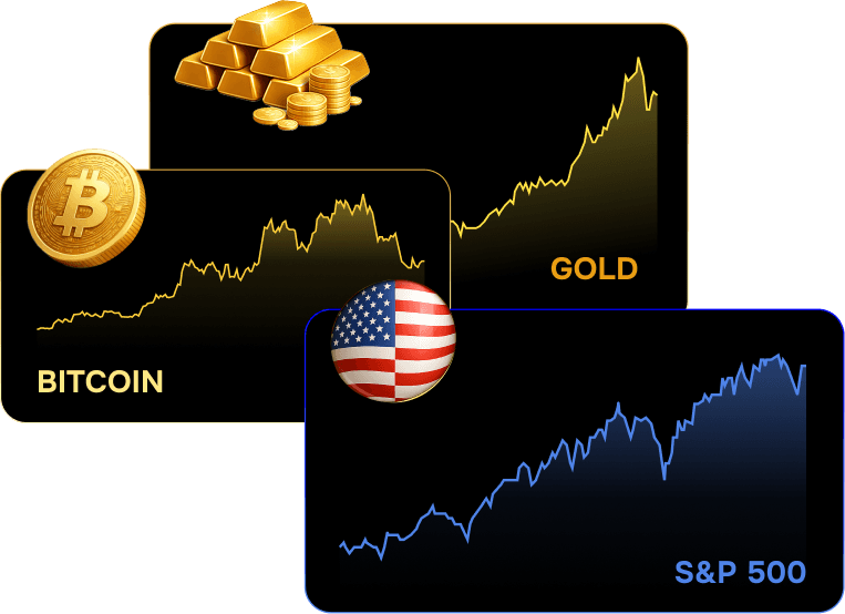 Bitcoin, gold, and S&P 500 market charts